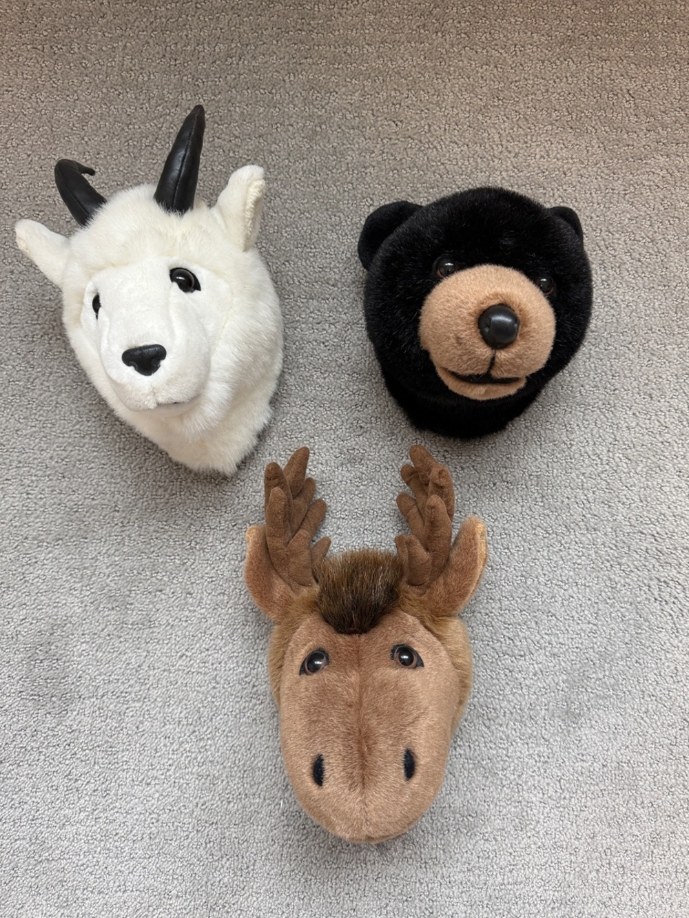 Plush Animal Wall Mount Trio - White Goat, Black Bear, Brown Moose
